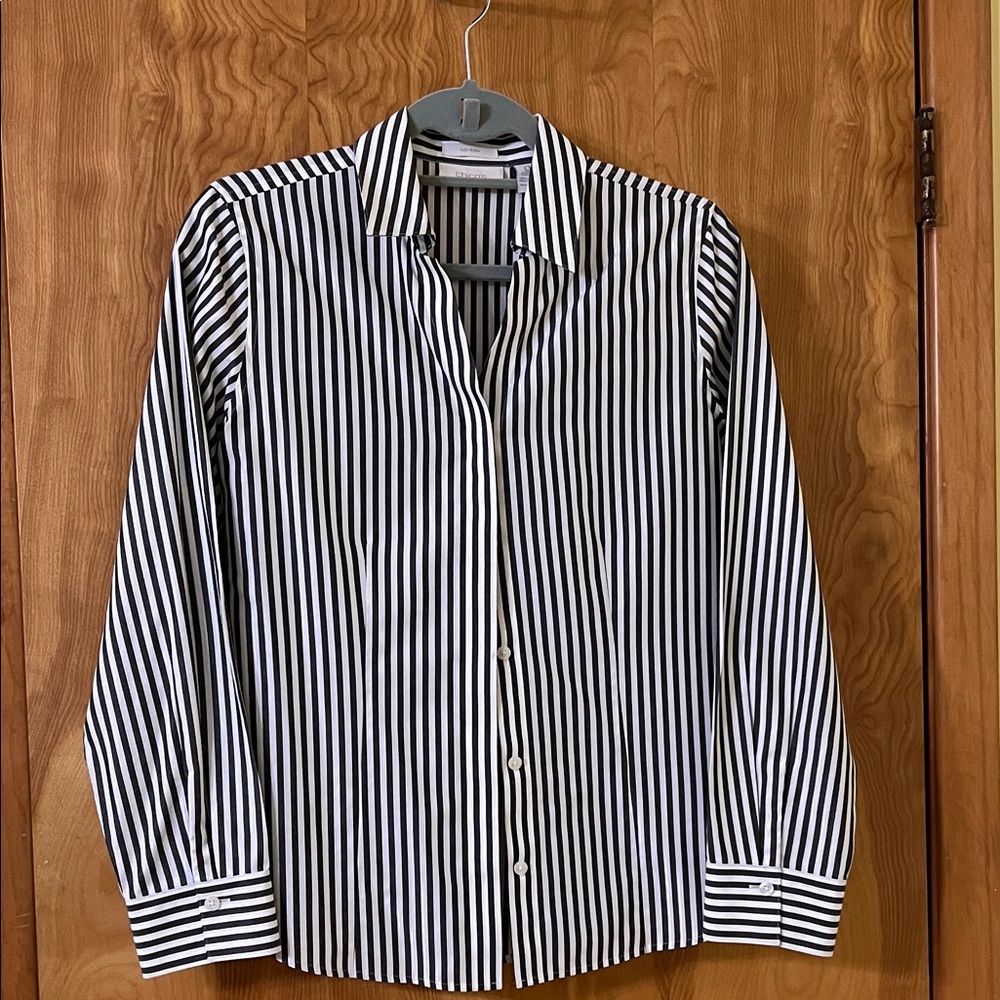 Chico's Monochrome Striped Dress Shirt with metallic thread